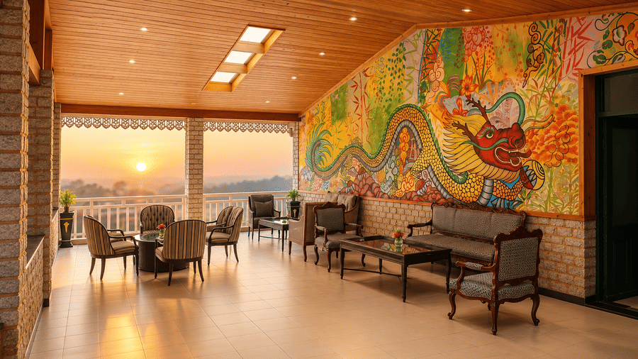 Sunset Point terrace with cushioned seating, a colourful dragon mural and a railing overlooking the valley at sunset at MAYFAIR Himalayan Spa Resort, Kalimpong.