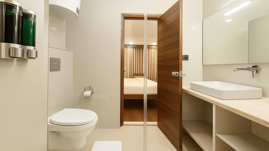 A clean, minimalist guest bathroom at Royal Potala by Orsino featuring a wall-hung toilet, a wooden door, and a sleek white vanity with a large mirror.