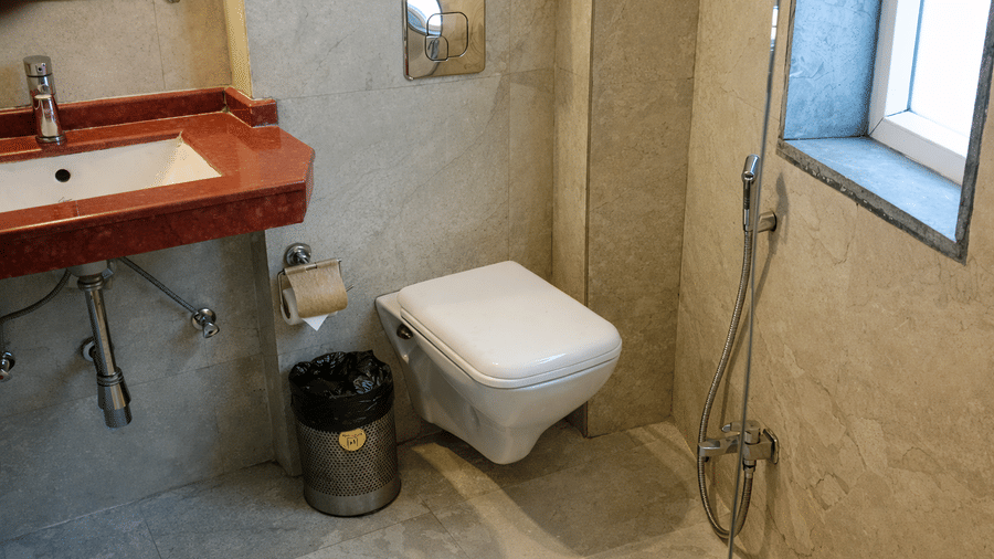 Bathroom with wall-mounted sink, mirror, toilet and shower area at The Pinewood, Nainital.