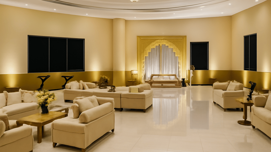 An indoor event space features neutral-toned seating arrangements and a stage area | Banquet Hall | The Qualia Resort Club & Brewery, Udaipur