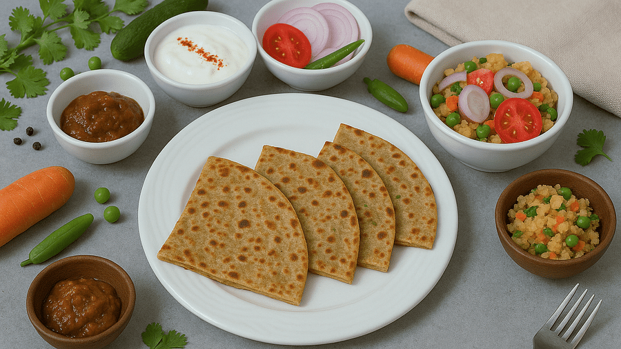 Full meal of paratha with salad, curd, chutneys, and vegetables at Tisya Farms, Gurgaon.