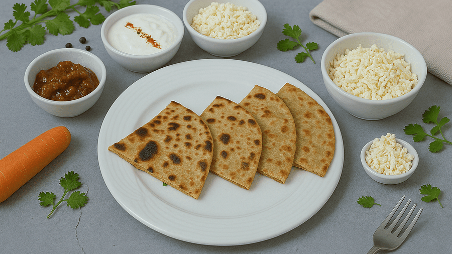 Paratha with side dishes including curd and pickle at Tisya Farms, Gurgaon.