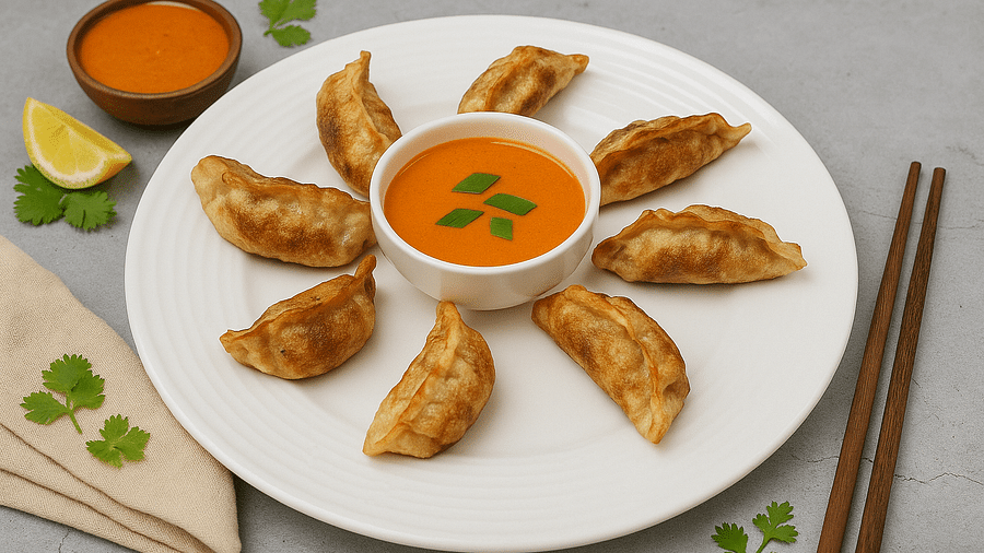 Plate of momos with dipping sauce and garnish, chopsticks placed beside the plate at Tisya Farms, Gurgaon.