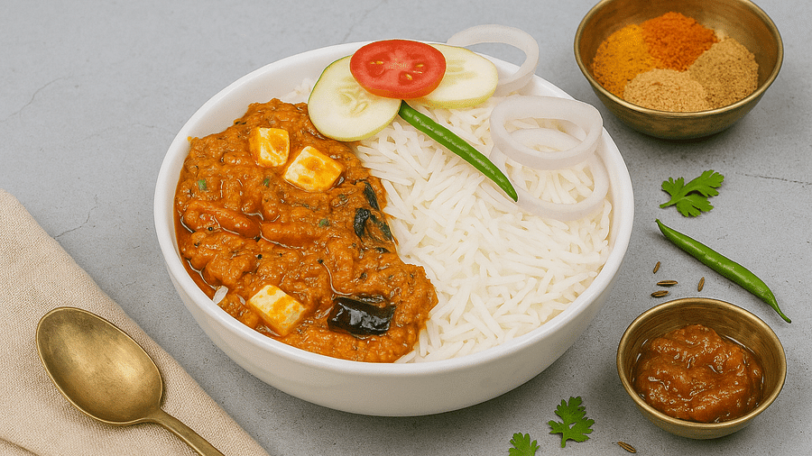 Panner rice bowl served with, curry, pickle, and salad at Tisya Farms, Gurgaon.