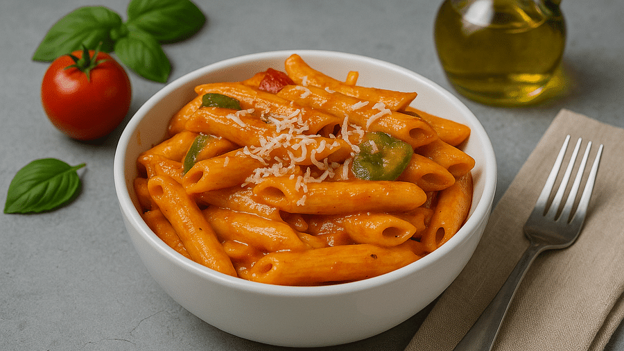 Bowl of penne pasta in red sauce with herbs, tomato, and olive oil bottle at Tisya Farms, Gurgaon.