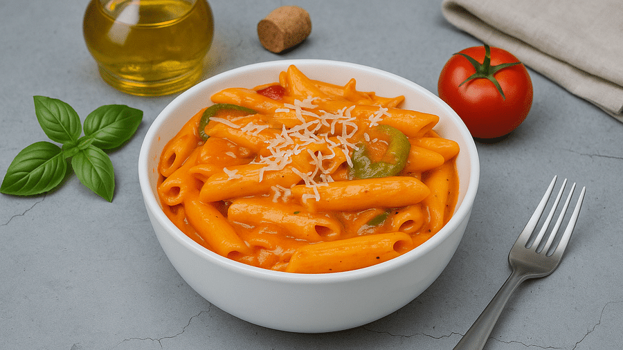 Bowl of penne pasta in red sauce with herbs, surrounded by ingredients at Tisya Farms, Gurgaon.