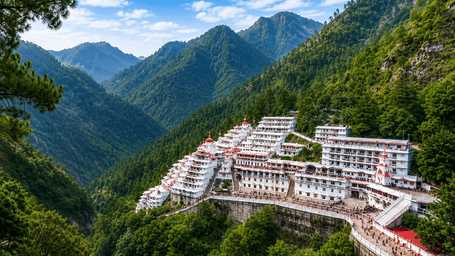 A panoramic shot of the Vaishno Devi complex surrounded by lush green mountains under a clear blue sky.