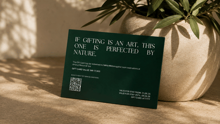 Card leaning against 1 potted plant, showing text, QR code, and details at Amanzi Resort.