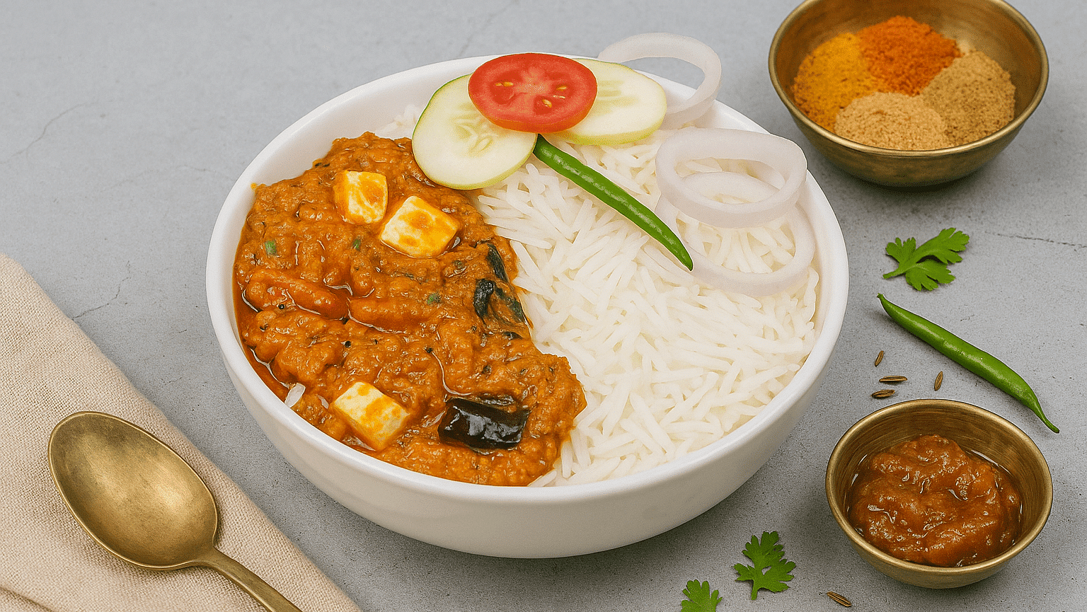 Panner rice bowl served with, curry, pickle, and salad at Tisya Farms, Gurgaon.