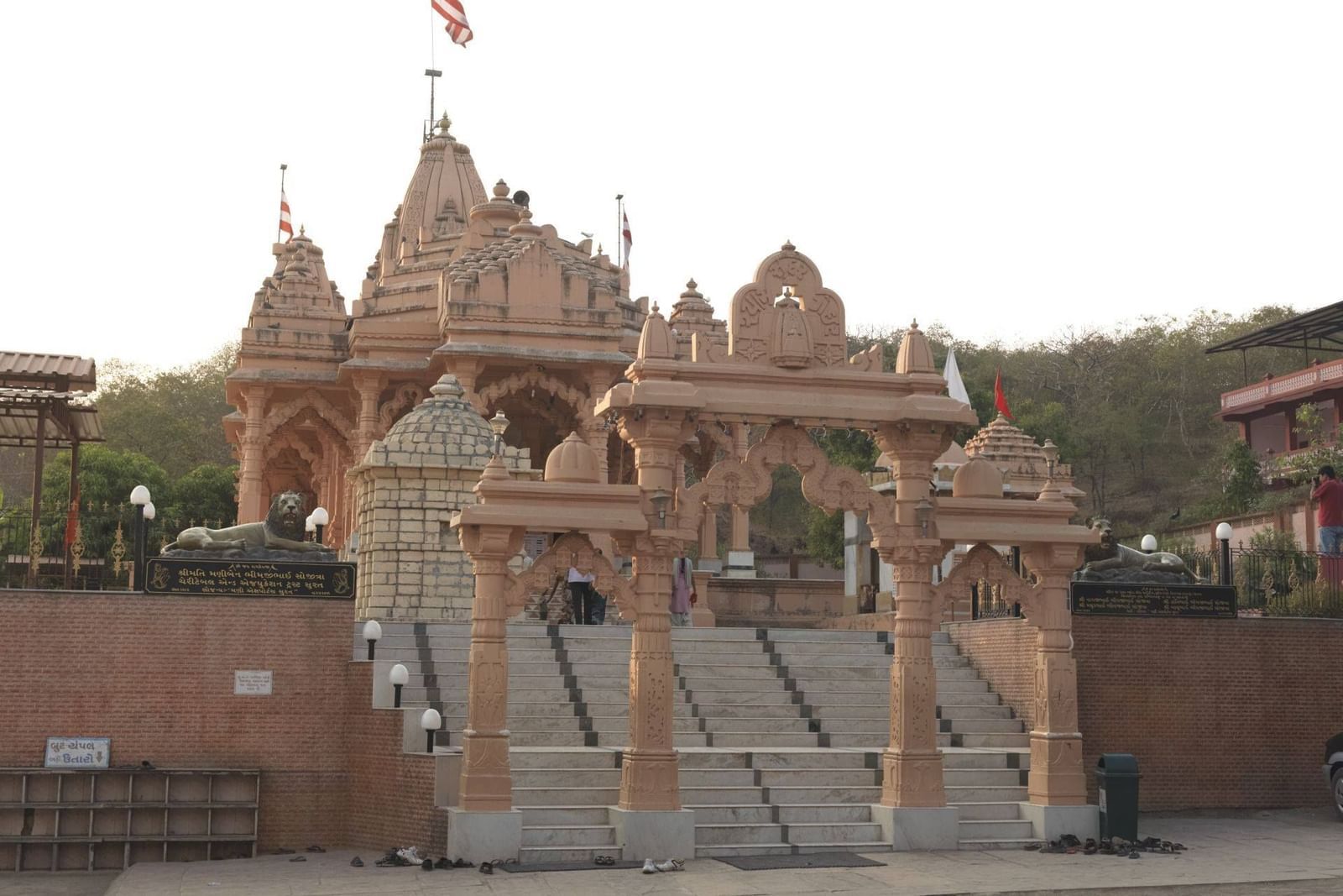 Tulshishyam temple with its intricate architecture and a red religious flag on top of the dome.