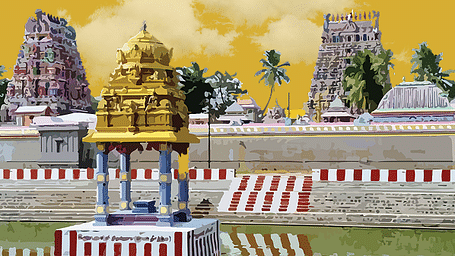 A temple pavilion with a golden dome and sculptures under a cloudy sky.