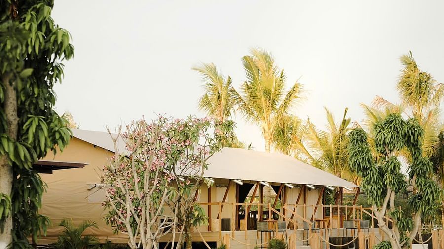 A tranquil scene at WoCAL Retreat Ke Ga featuring a curved-edge swimming pool in the foreground that mirrors the sky and surrounding greenery, with peaceful resort accommodations nestled among tall palm trees and lush vegetation in the background.