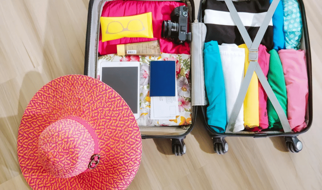 Open suitcase neatly packed for travel, with a sunhat placed beside it on the floor