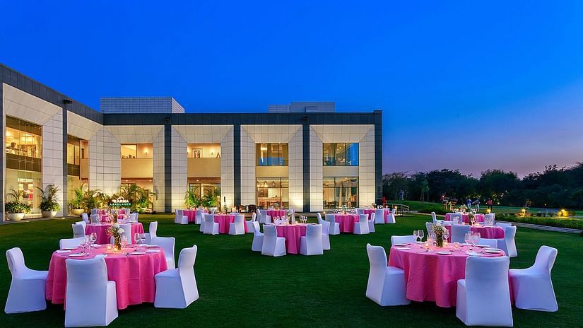the lawn at Karma Lakelands set up for an outdoor event