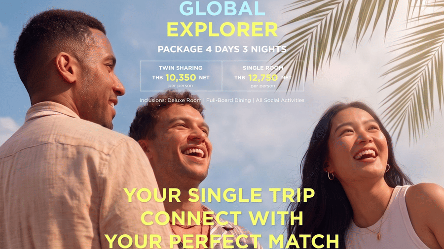 Promotional creative for the 4-day and 3-night Global Explorer package at Natai Beach Resort, offering stays in twin sharing and single rooms with full board dining and social activities.