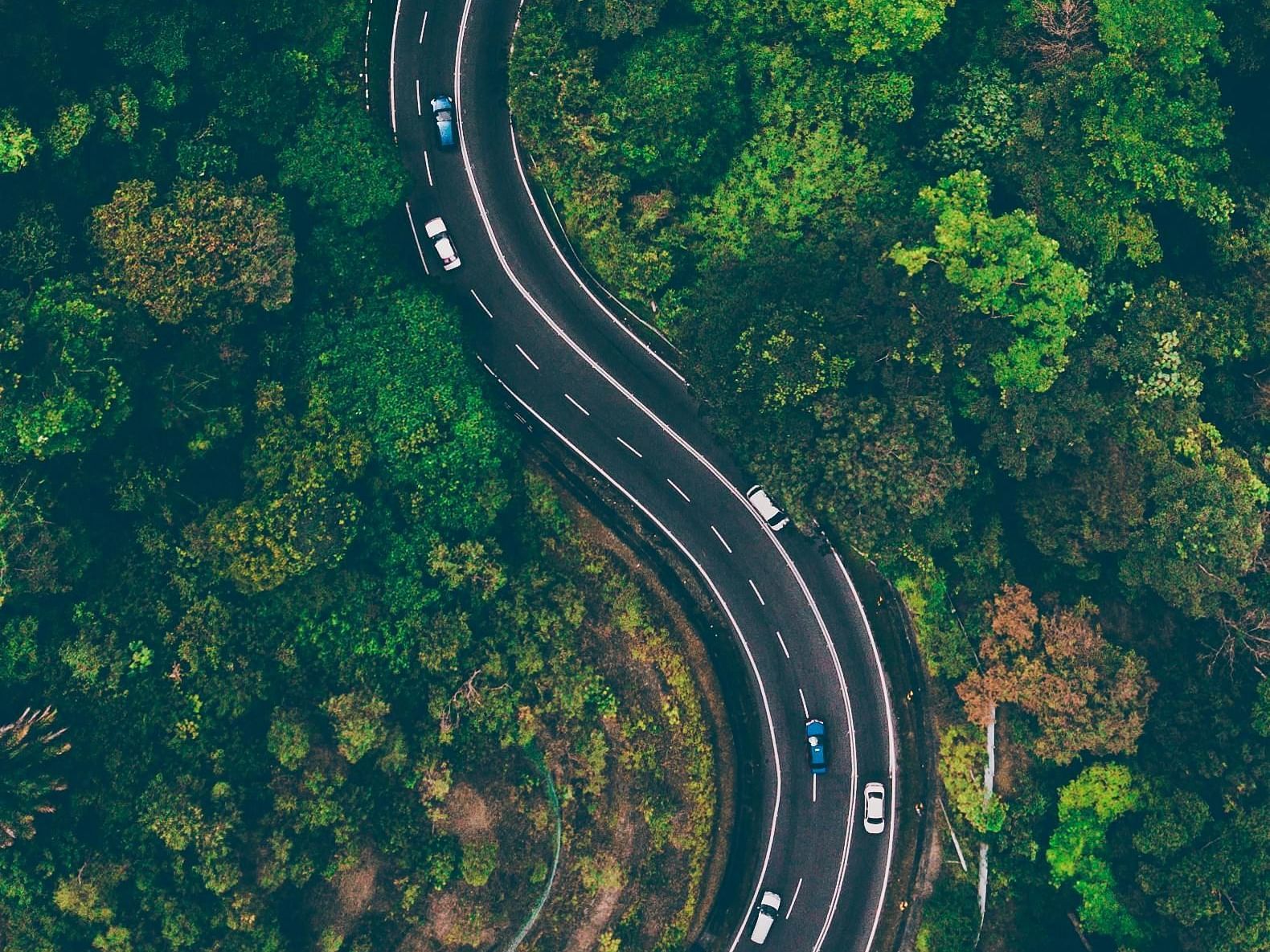 A winding road snaking through a lush green landscape, captured from an aerial perspective.