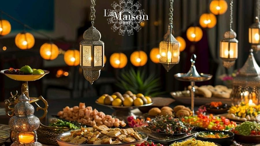 A creative image of Ramadan Iftar Offer which includes international buffet, live pasta and shwarma stations at La Maison Hotel, Doha