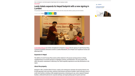 An article by Hotelier India showcasing Lords Hotels expands its Nepal footprint with a new signing in Lumbini