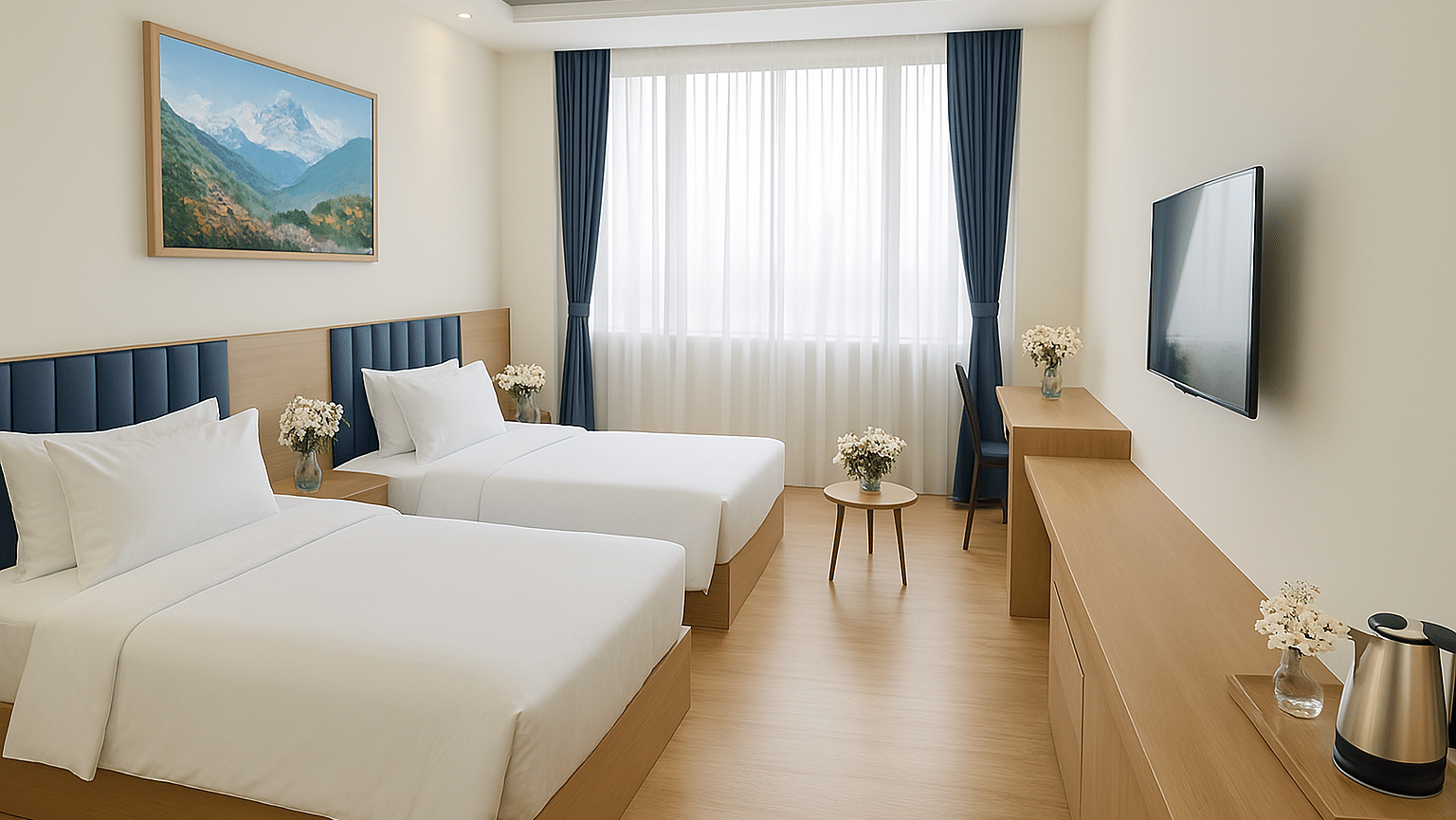 Side view of Executive Twin Room with cosy twin beds, wall-mounted TV, and a corner chair-table setup at Summit Norling Resort & Spa, Gangtok