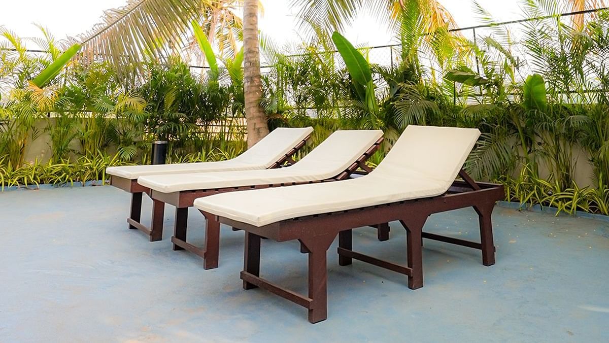 Two empty sun loungers with cushions sit, framed by lush green coconut trees against a bright sky at Kssemya.