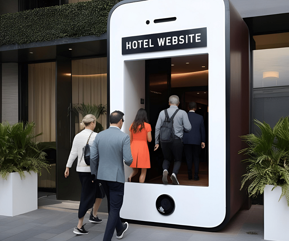 People entering a building through an entrance shaped like a giant smartphone labeled 'HOTEL WEBSITE.'