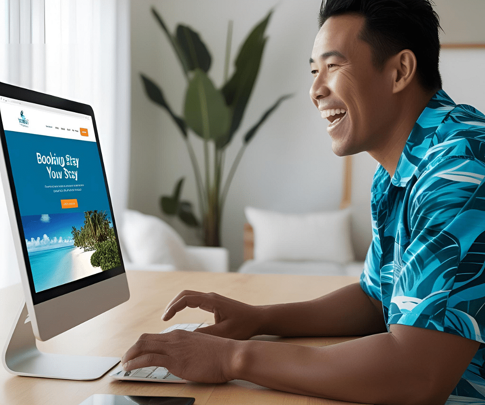 Man in a blue shirt smiling while using a desktop computer in a bright room.