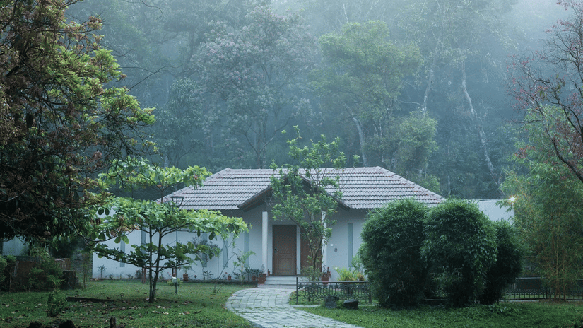 A white cottage is nestled in a forest setting with a pathway leading to it. - Abad Brookside Lakkidi, Wayanad