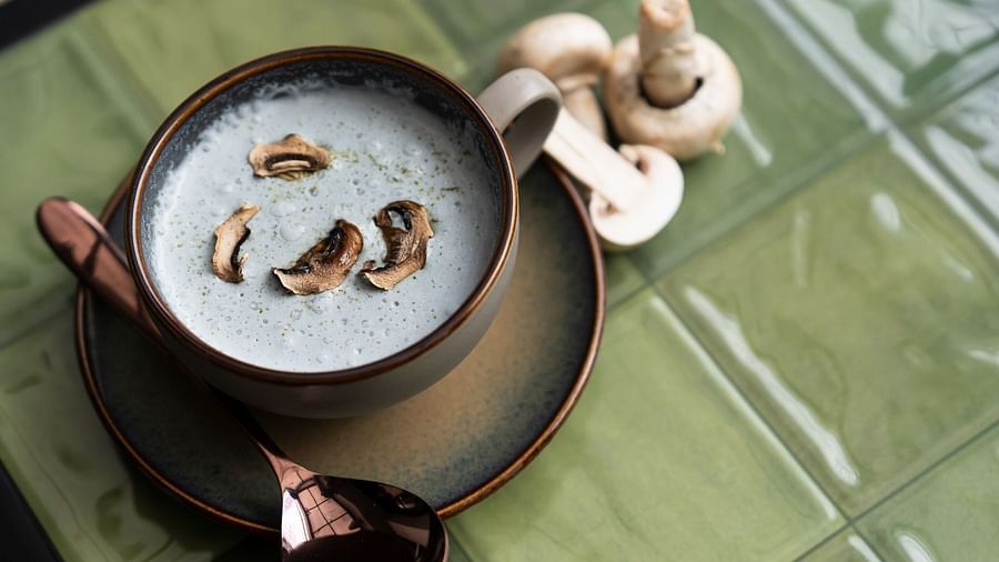 An image of a cup placed on a plate filled with soup and a few sliced mushrooms, with raw mushrooms placed beside the plate.