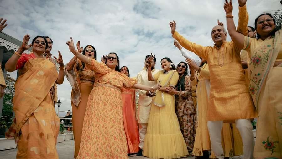 People dancing at a wedding arranged in the lawn at Summit Barsana Resort & Spa, Kalimpong