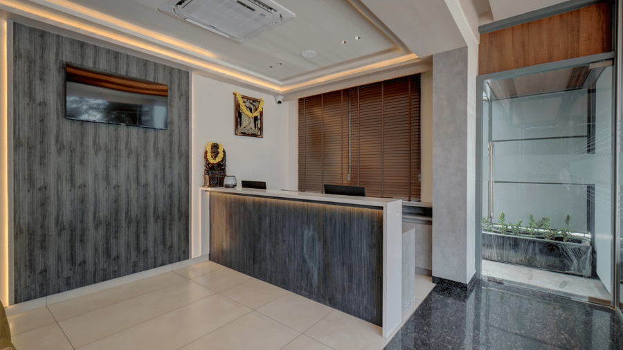 The reception area at Hari Govindas, Siddappa Square, featuring a reception desk.