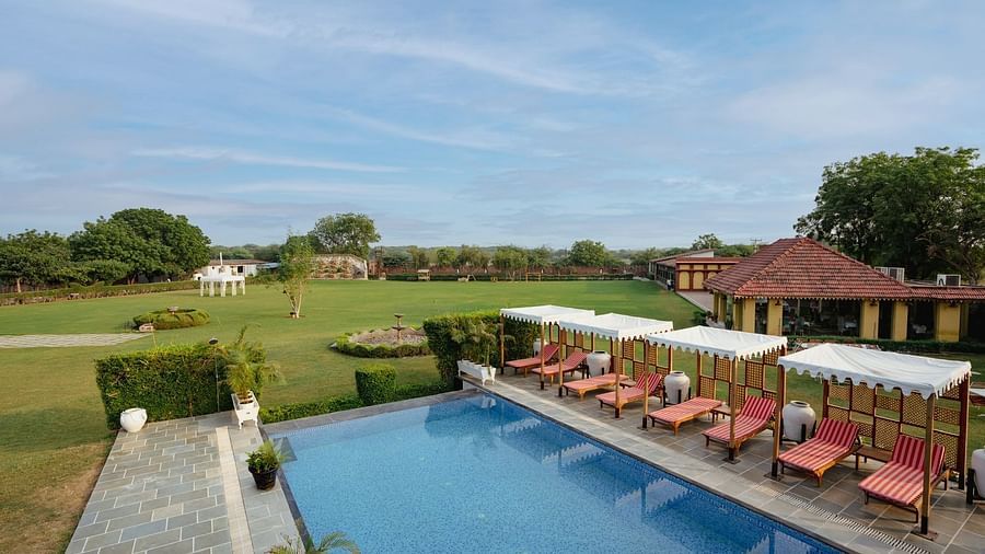 Aerial view of a swimming pool with lounge chairs on the side at Surpura Bagh.