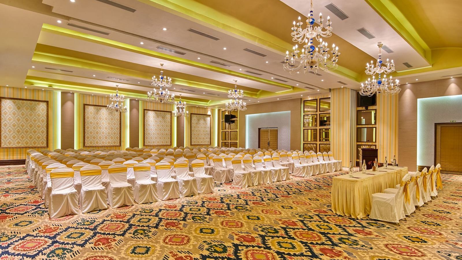 Seating arrangement in a banquet hall at Swosti Chilika Resort