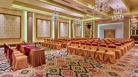 Seating arrangement in a banquet hall at Swosti Chilika Resort