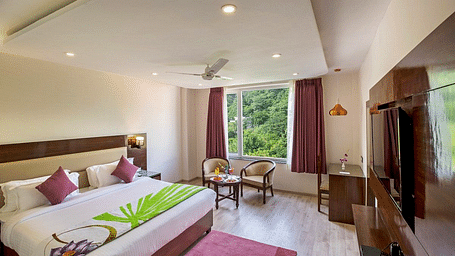 Full view shot of the Premium Room at Regenta Inn DLS featuring a double bed overlooking the lush green views from the window.