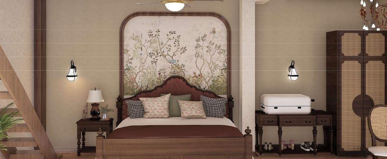 A bedroom with a carved wooden headboard bed, side tables, and a wardrobe, under soft ceiling lighting - BluSalzz Escapade Resort, Dalhousie 