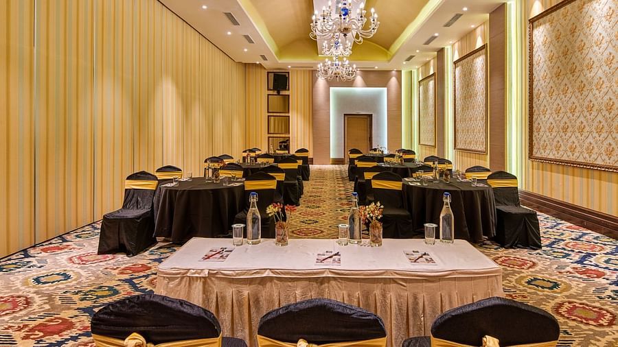 Seating arrangement in a banquet hall at Swosti Chilika Resort