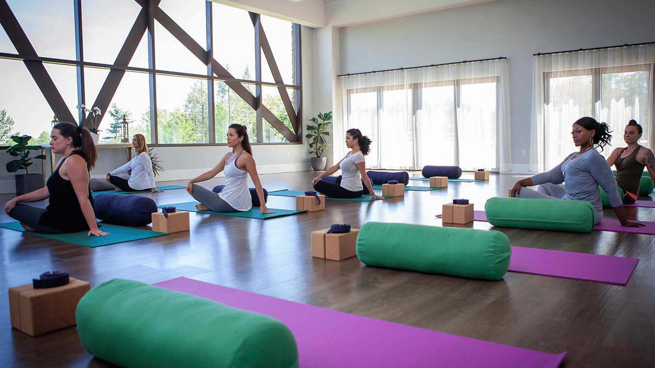 A group of people performing yoga on yoga mats indoor by a large ceiling-to-floor window at YO1 Longevity & Health Resorts