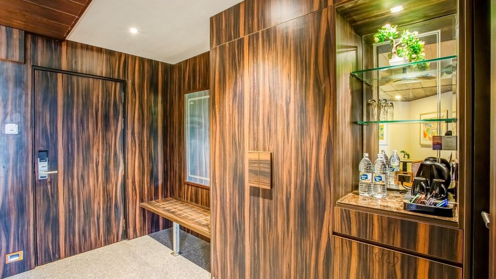 Walls and seating with a rich wooden finish