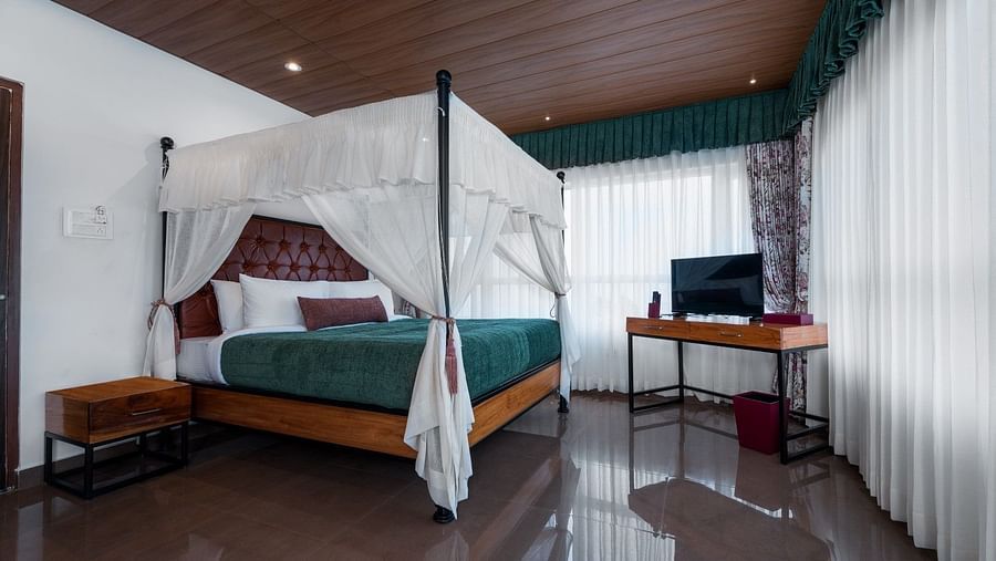 A large bed with abundant lighting, paired with wooden furnishings