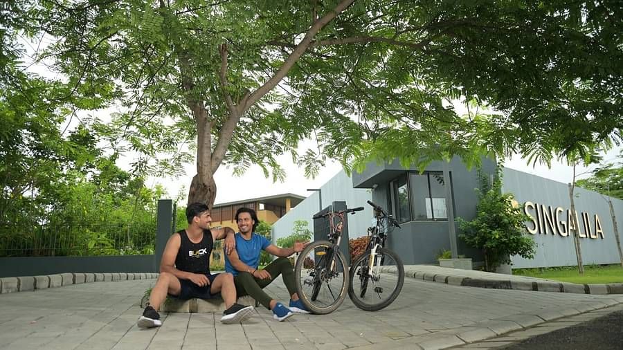 People sitting under a tree with their cycles parked beside them