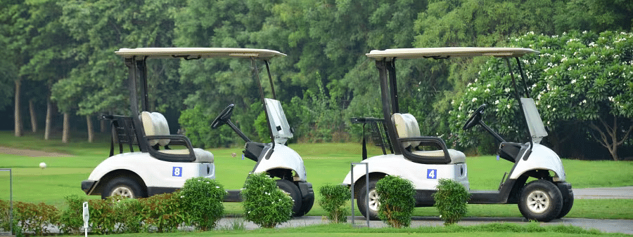 Row of golf carts parked on the grass near a wooded area at Karma Chalets.