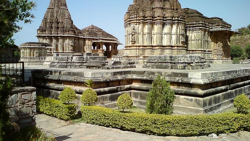 a temple complex with brown coloured exterior of temples