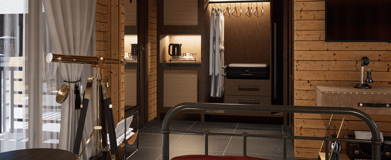 A bedroom with a wardrobe, hanging clothes, a television, and a balcony with a curtained door - Rhino and River BluSalzz Collection, Pobitora