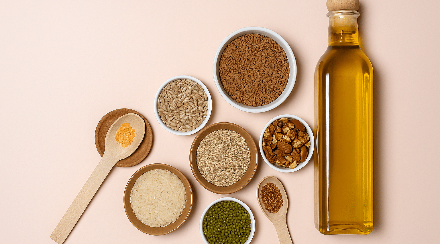 A collection of seeds and grains in small bowls and spoons, placed next to a bottle of oil.