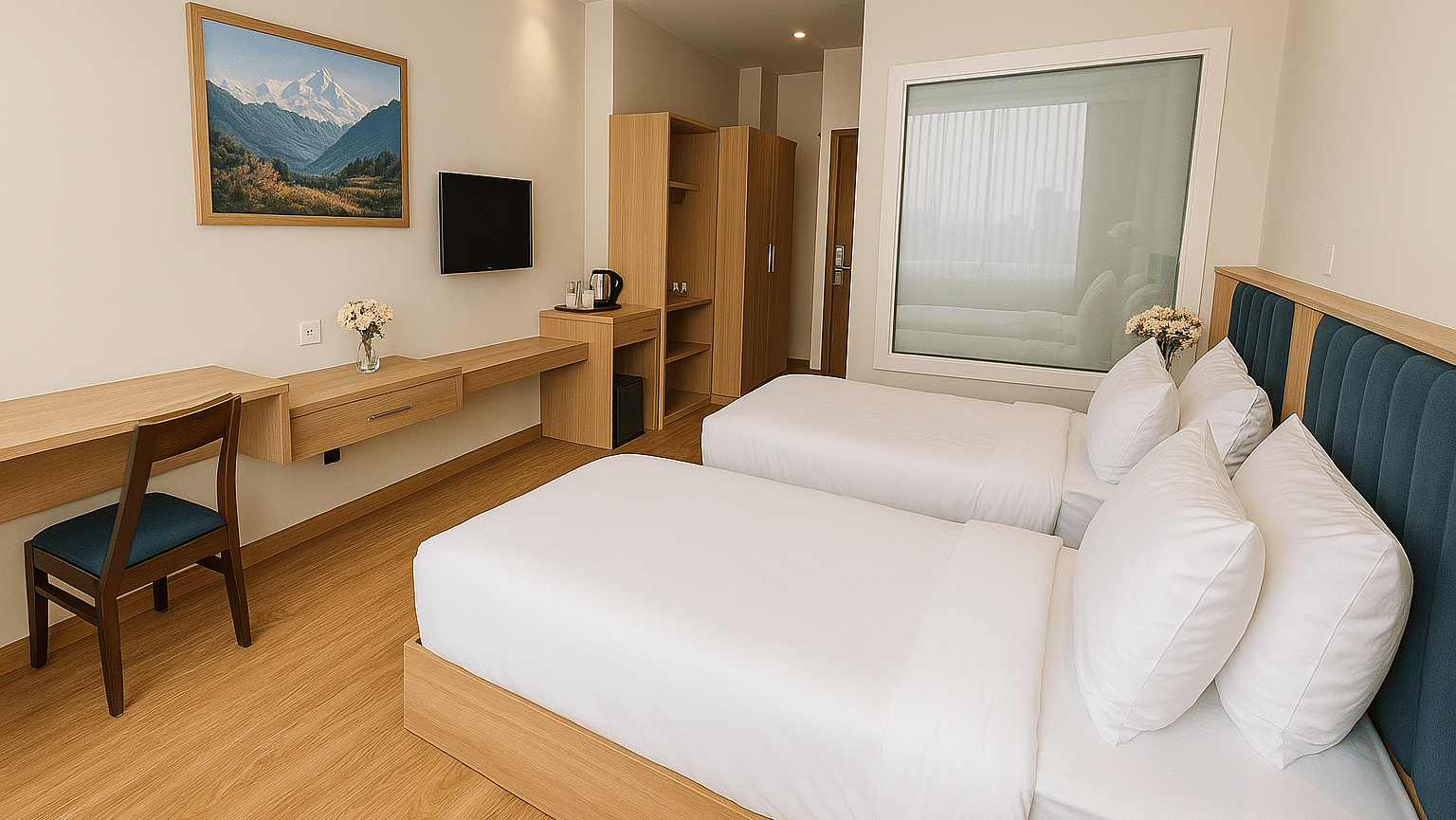 Executive Twin Room with cosy twin beds, wall-mounted TV, and a corner chair-table setup at Summit Norling Resort & Spa, Gangtok