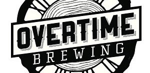 The logo of Overtime Brewing, featuring a bold, black-and-white design with a gear-like border