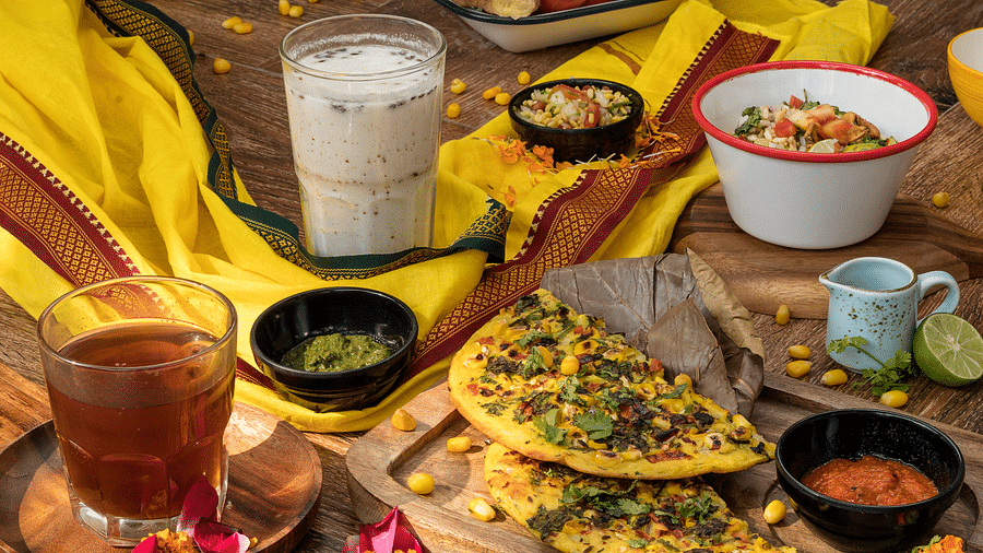 A picture featuring a variety of food items, including pizza, salad, and more.