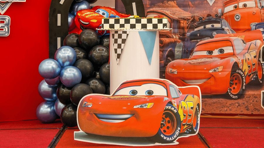 Cars-themed birthday decorations with balloons at La Maison Hotel, Doha.