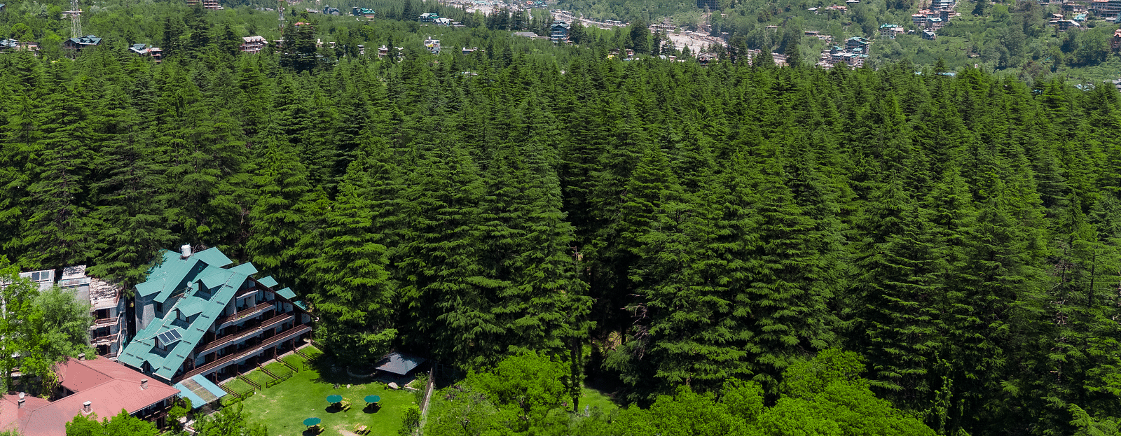 aerial view of facade of Bedzzz Xclusiv Baikunth, Manali with pine trees and mountains in the background