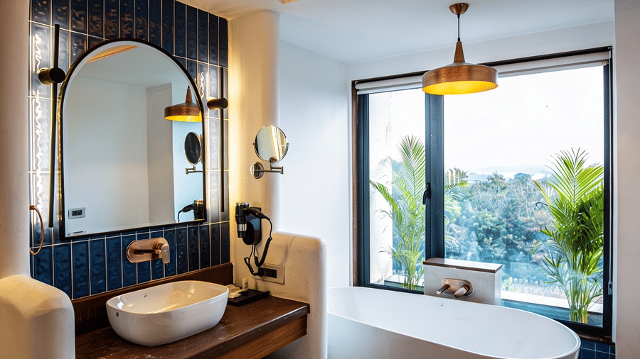 An elegant bathroom showing a standalone bathtub, a wooden vanity with a washbasin, and a backlit tray ceiling at The Sierra - By The Lake.